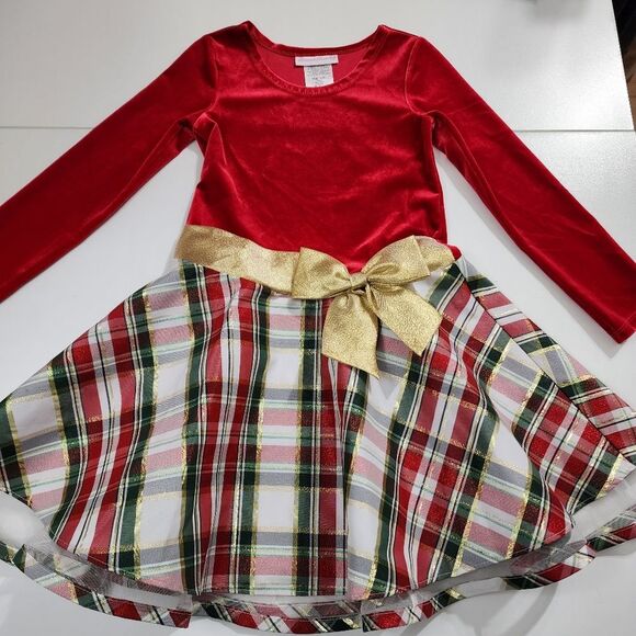 Girls Red Velvet & Glitter Gold & Green Plaid Fancy Elegant Ruffle Dress Size 5